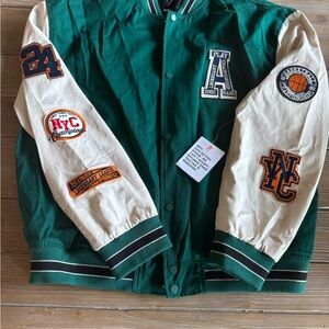 Green Varsity Jacket with Cream Sleeves